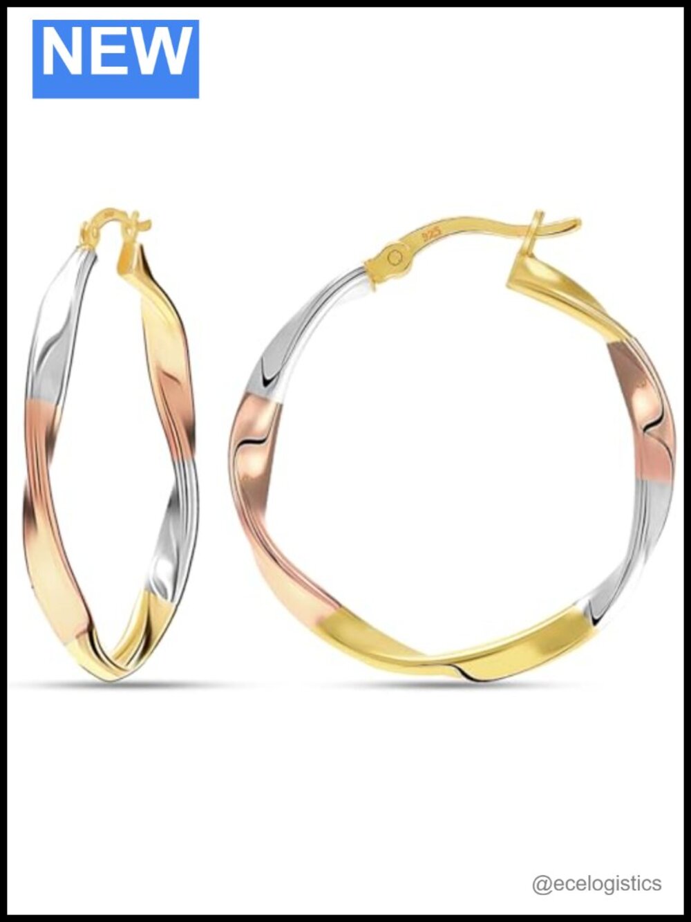 Sterling Silver 14K Gold-Plated Three-Tone Twisted Hoop Earrings for Women